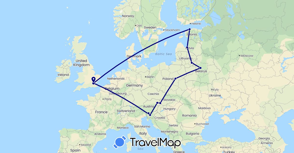 TravelMap itinerary: driving in Austria, Belarus, Estonia, United Kingdom, Lithuania, Latvia, Poland, Slovenia, Slovakia (Europe)